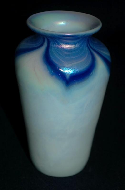 Opalescent & Blue Iridescent Pulled Feather Glass Vase Hand Blown Art Glass