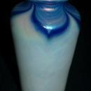 Opalescent & Blue Iridescent Pulled Feather Glass Vase Hand Blown Art Glass