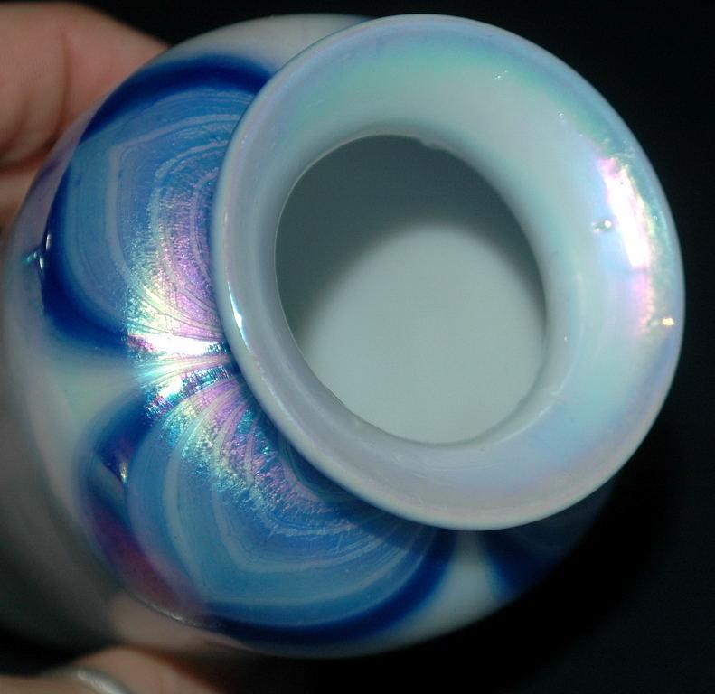 Opalescent & Blue Iridescent Pulled Feather Glass Vase Hand Blown Art Glass