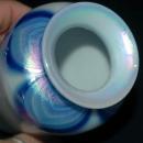 Opalescent & Blue Iridescent Pulled Feather Glass Vase Hand Blown Art Glass