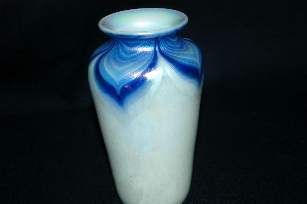 Opalescent & Blue Iridescent Pulled Feather Glass Vase Hand Blown Art Glass