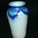 Opalescent & Blue Iridescent Pulled Feather Glass Vase Hand Blown Art Glass
