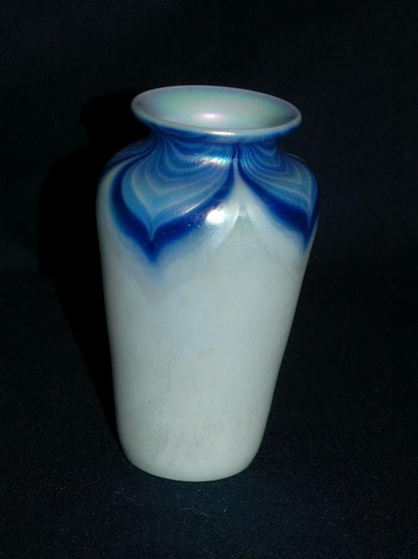 Opalescent & Blue Iridescent Pulled Feather Glass Vase Hand Blown Art Glass