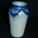 Opalescent & Blue Iridescent Pulled Feather Glass Vase Hand Blown Art Glass