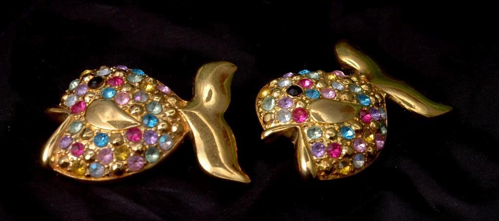 Goldfish Duo Brooch Set, with Muli Colored Crystals -1.75