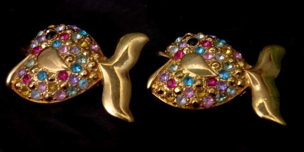Goldfish Duo Brooch Set, with Muli Colored Crystals -1.75