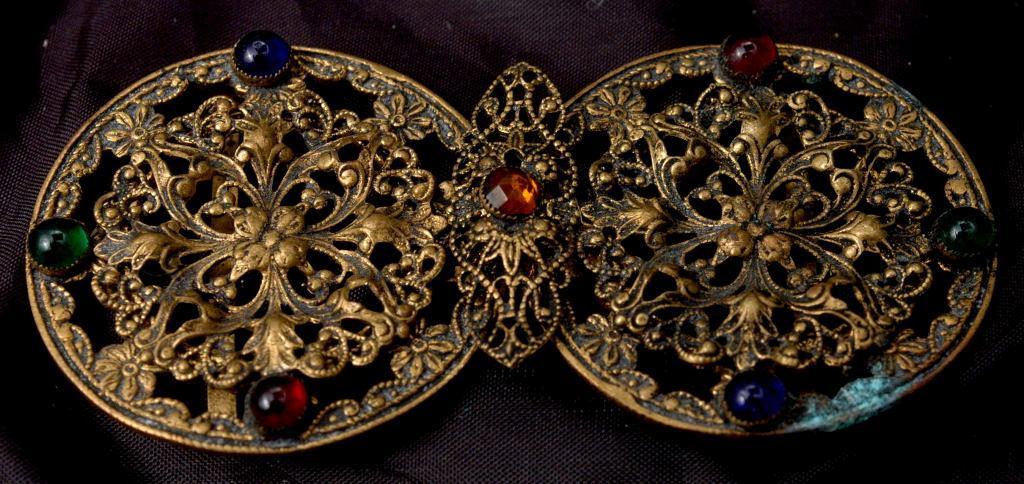 VICTORIAN BRASS & Glass FILIGREE BELT BUCKLE LADIES
