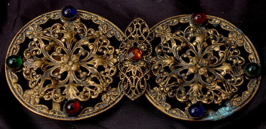 VICTORIAN BRASS & Glass FILIGREE BELT BUCKLE LADIES