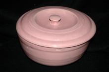 Old Pink USA Ringed Pottery Casserole Baking Pot Bowl with Lid ---Really Old! and signed