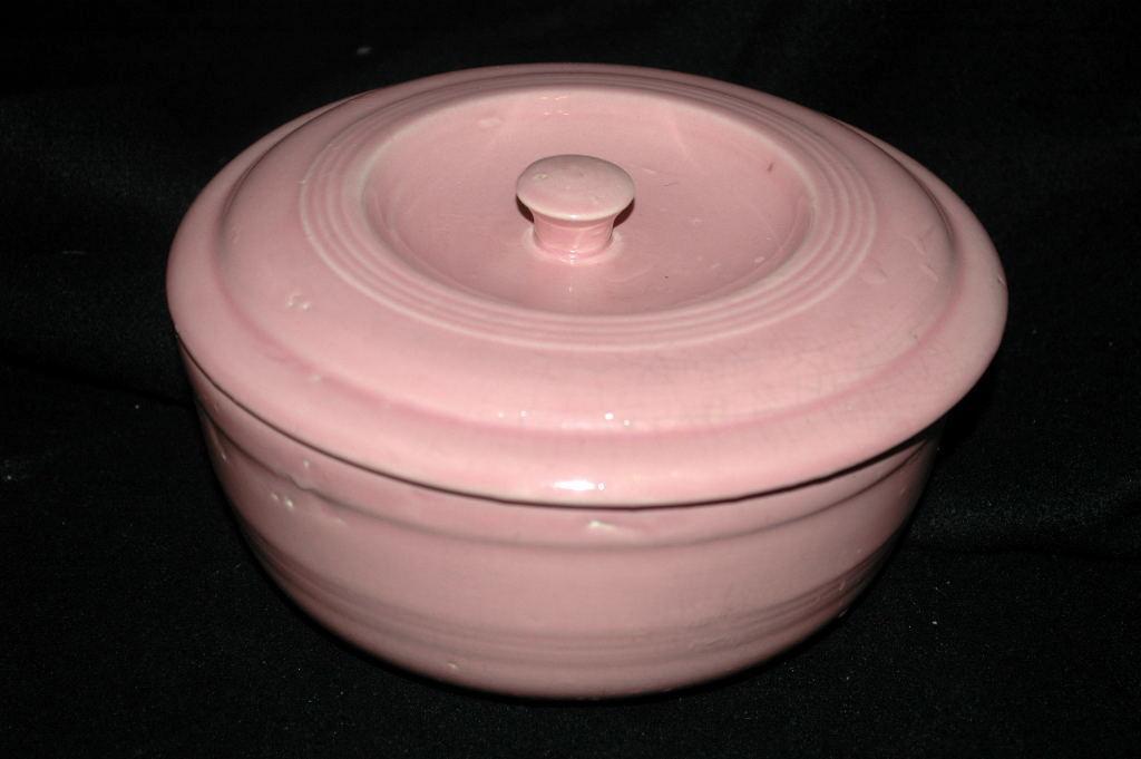 Old Pink USA Ringed Pottery Casserole Baking Pot Bowl with Lid ---Really Old! and signed