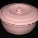Old Pink USA Ringed Pottery Casserole Baking Pot Bowl with Lid ---Really Old! and signed