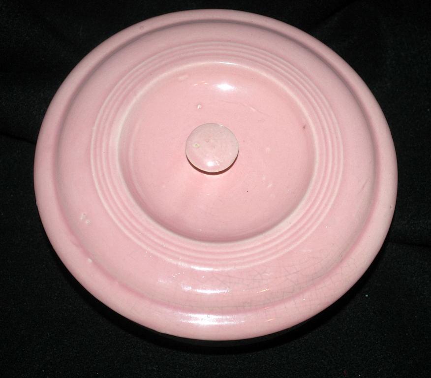 Old Pink USA Ringed Pottery Casserole Baking Pot Bowl with Lid ---Really Old! and signed
