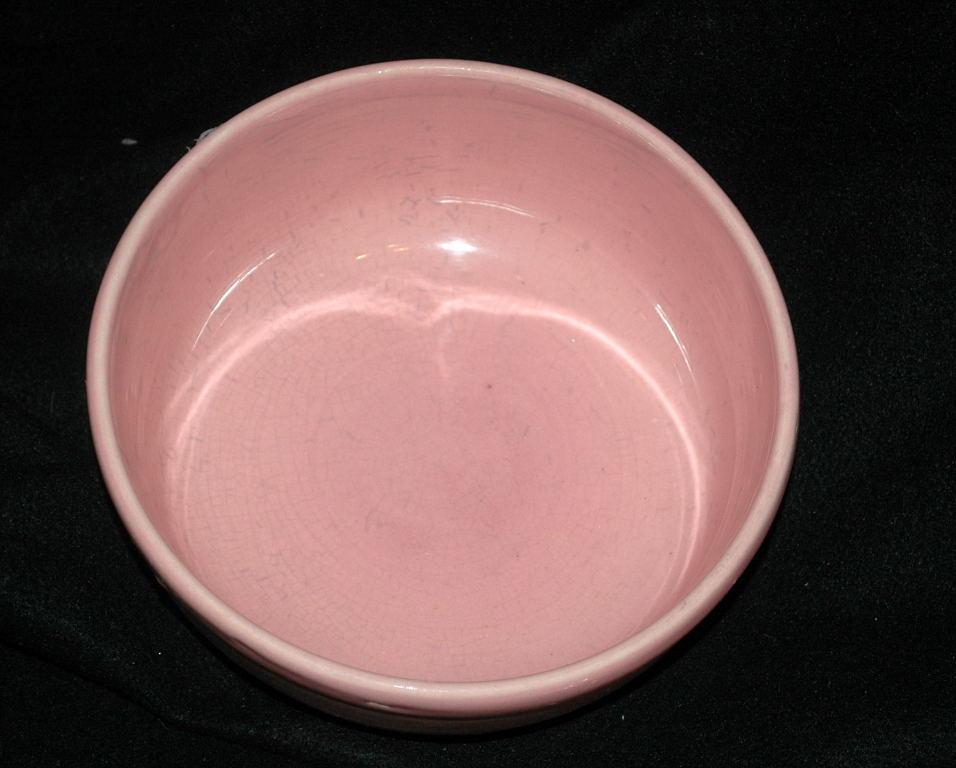 Old Pink USA Ringed Pottery Casserole Baking Pot Bowl with Lid ---Really Old! and signed