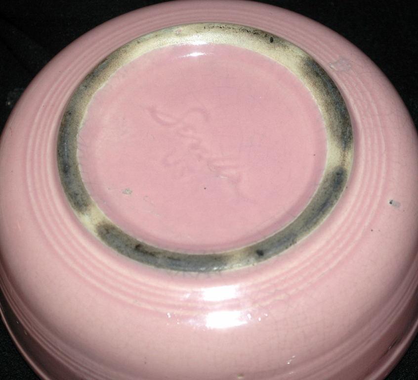 Old Pink USA Ringed Pottery Casserole Baking Pot Bowl with Lid ---Really Old! and signed