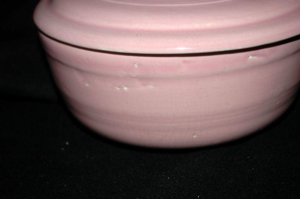 Old Pink USA Ringed Pottery Casserole Baking Pot Bowl with Lid ---Really Old! and signed