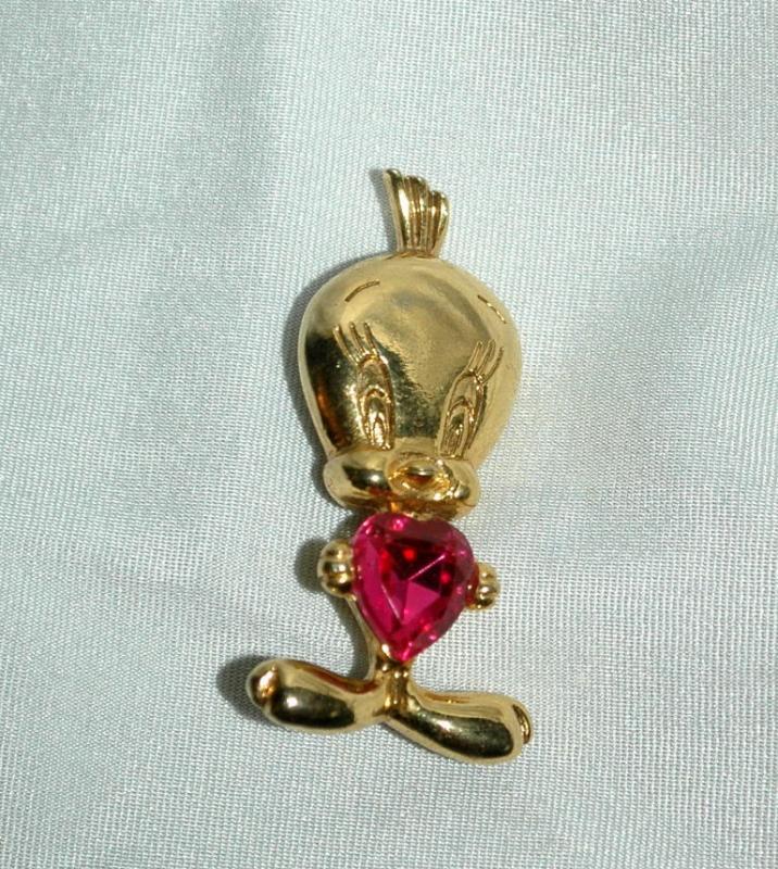 Tweety Bird Gold and Pink SWAROVSKI Crystal Heart Pin Brooch