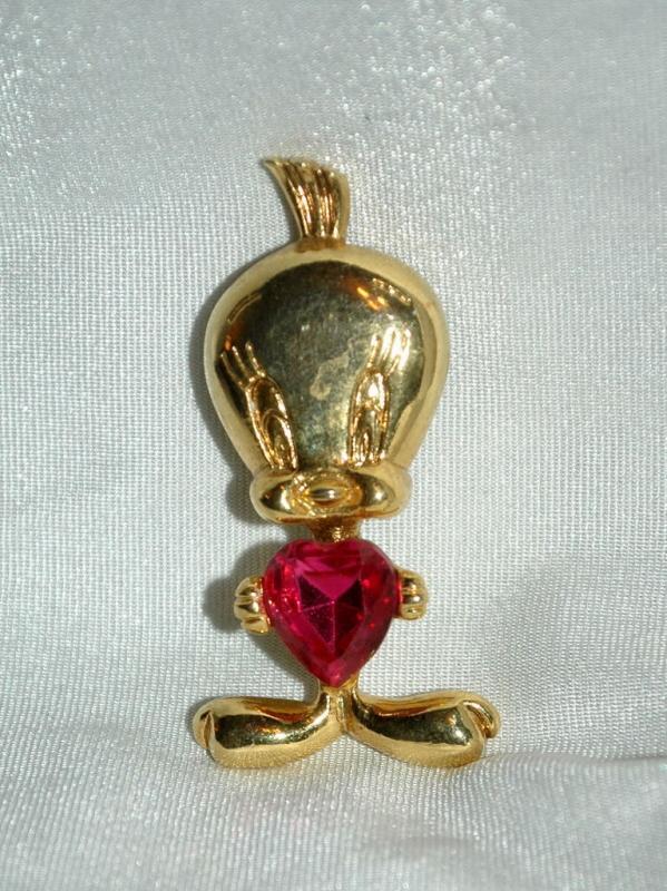 Tweety Bird Gold and Pink SWAROVSKI Crystal Heart Pin Brooch