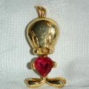Tweety Bird Gold and Pink SWAROVSKI Crystal Heart Pin Brooch