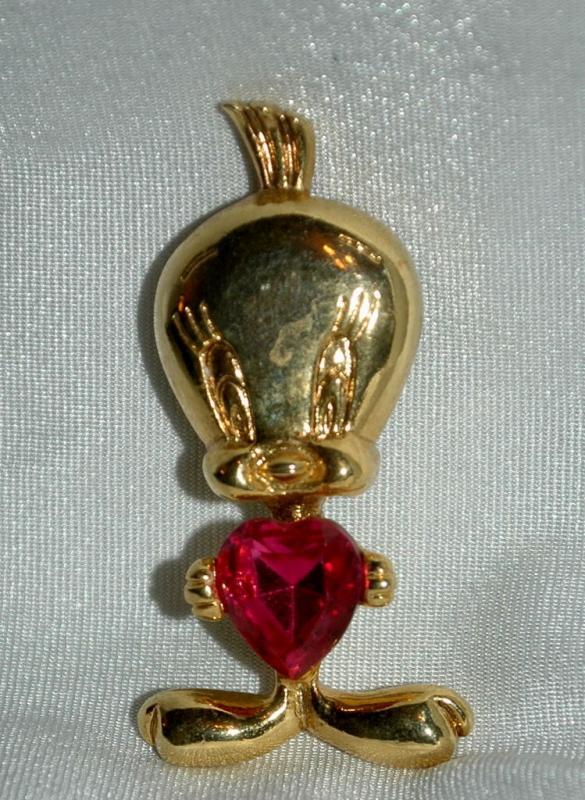 Tweety Bird Gold and Pink SWAROVSKI Crystal Heart Pin Brooch