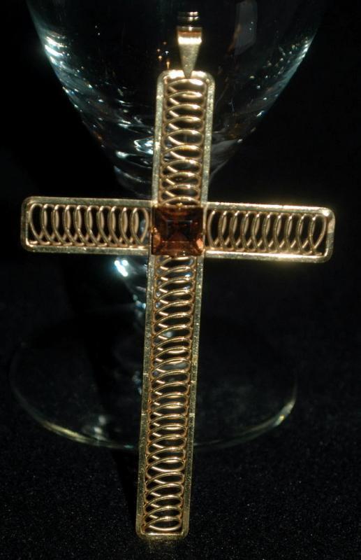 Very Large Van Dell 12K Gold Filled Cross with Dark Amber Crystal Center.