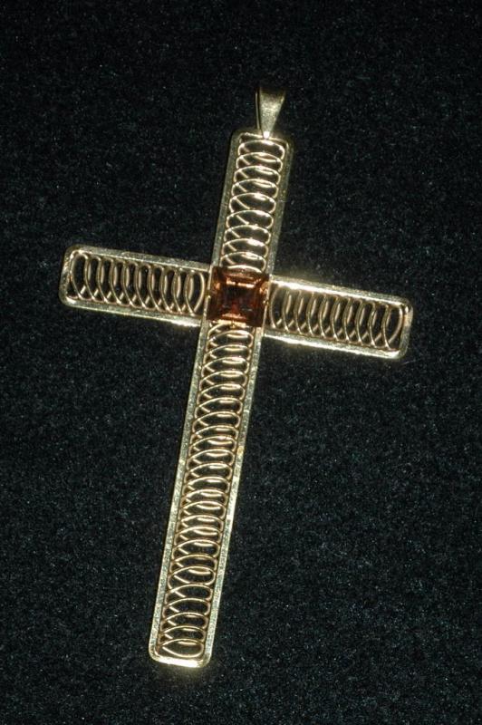 Very Large Van Dell 12K Gold Filled Cross with Dark Amber Crystal Center.