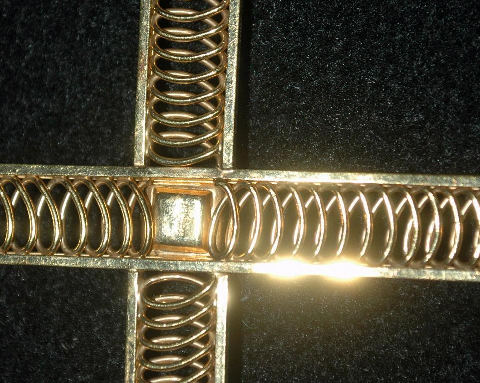 Very Large Van Dell 12K Gold Filled Cross with Dark Amber Crystal Center.