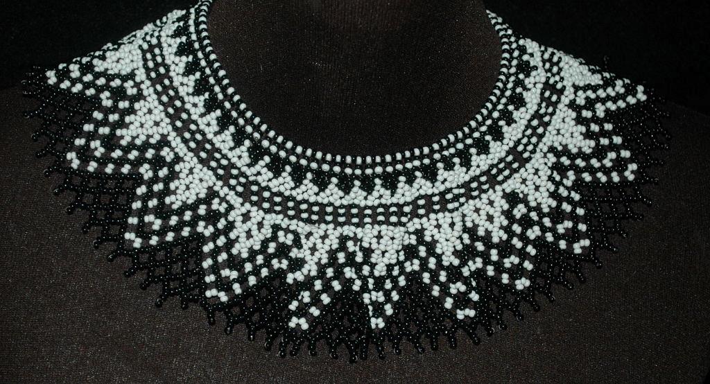 Beaded Collar Necklace of Black White Czech Glass Seed Beads in a complex pattern