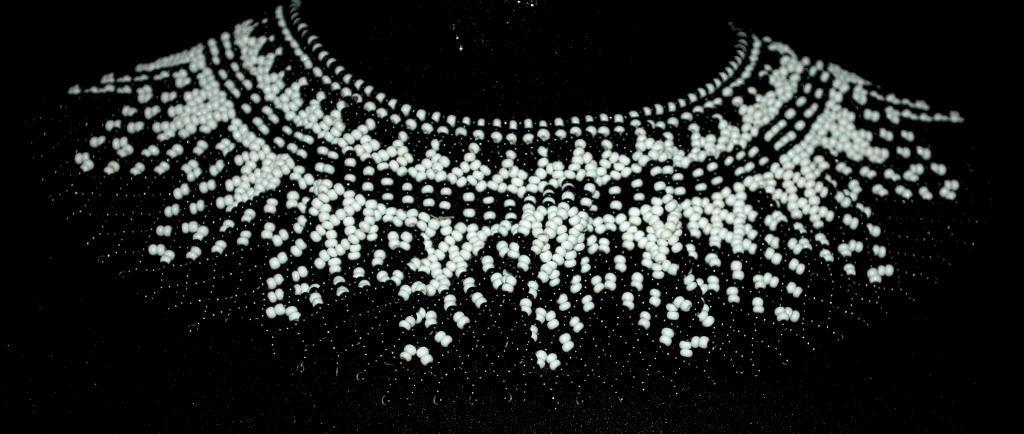 Beaded Collar Necklace of Black White Czech Glass Seed Beads in a complex pattern