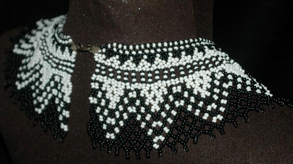 Beaded Collar Necklace of Black White Czech Glass Seed Beads in a complex pattern