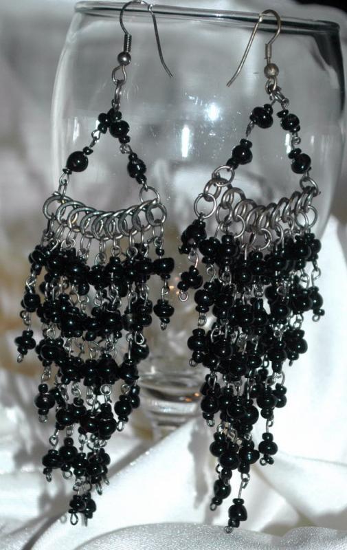 Black Czech Glass Cascading Dangle Earrings Extra Long