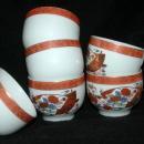 KUTANI WARE Porcelain Tea Cup or Bowl Set 7 hand painted enamel with gold trim