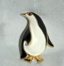 Enameled & Gold Penguin Pin Brooch