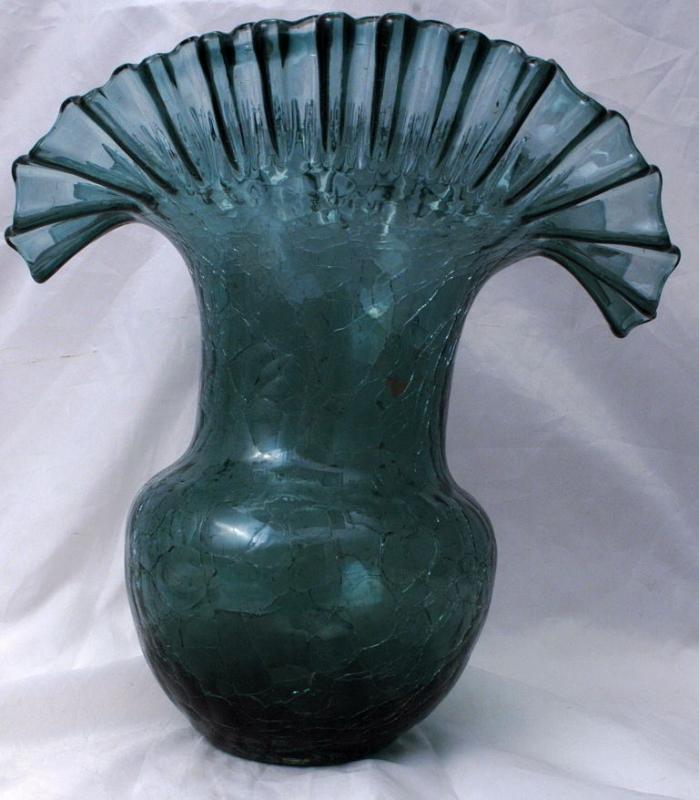Blenko Crackle Glass, Blue Charcoal Ruffled Crimped Edge 1960's