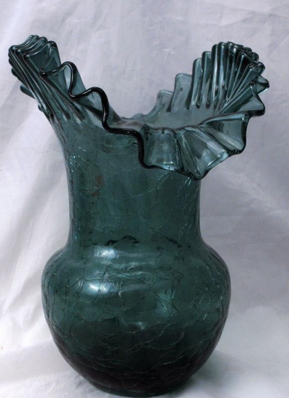 Blenko Crackle Glass, Blue Charcoal Ruffled Crimped Edge 1960's