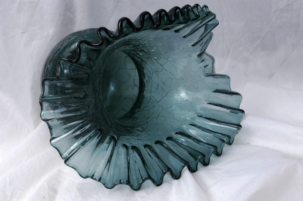 Blenko Crackle Glass, Blue Charcoal Ruffled Crimped Edge 1960's