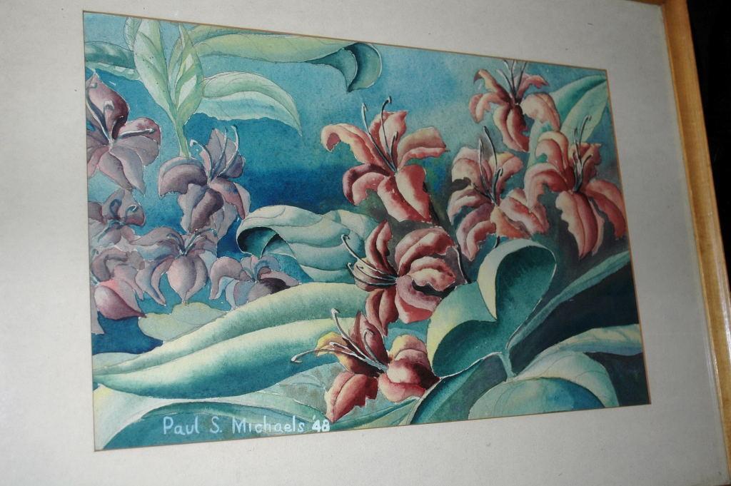 Lilies Watercolor Painting signed Paul S. Michaels '48 framed behind glass
