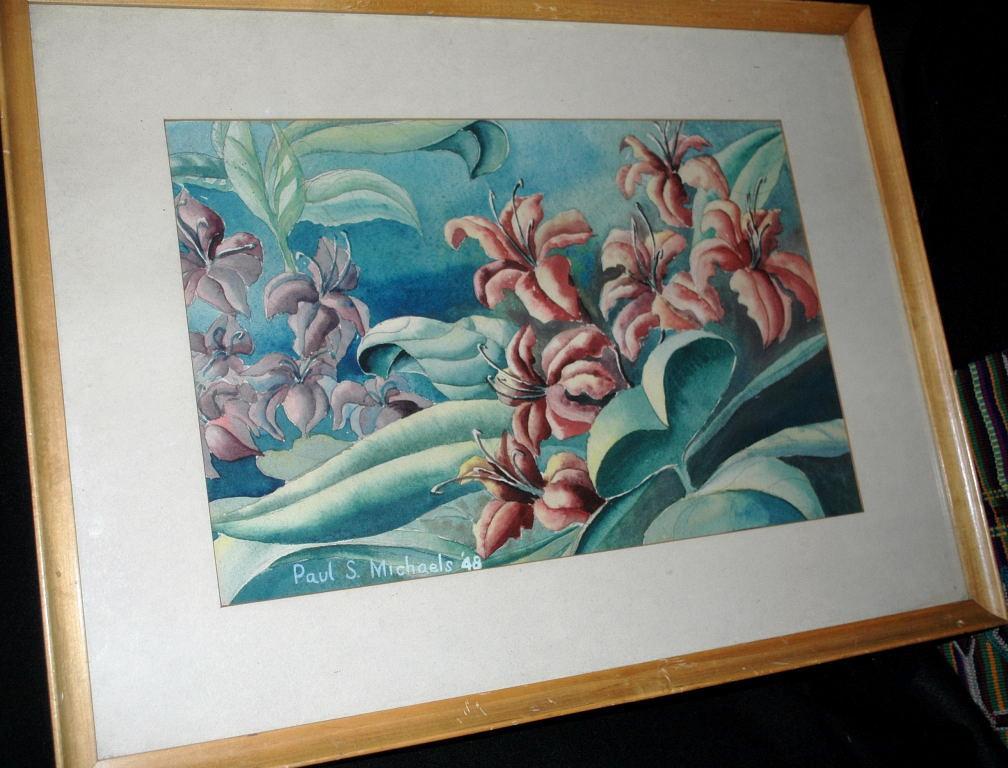 Lilies Watercolor Painting signed Paul S. Michaels '48 framed behind glass