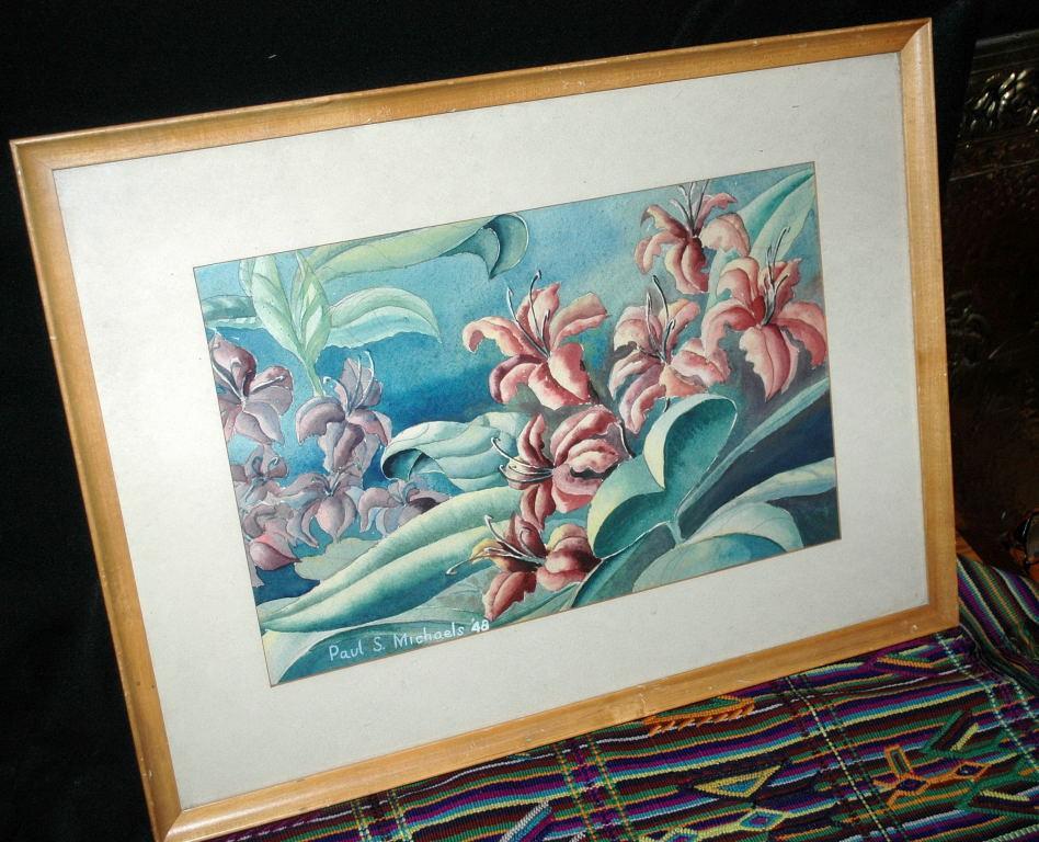 Lilies Watercolor Painting signed Paul S. Michaels '48 framed behind glass
