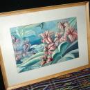Lilies Watercolor Painting signed Paul S. Michaels '48 framed behind glass