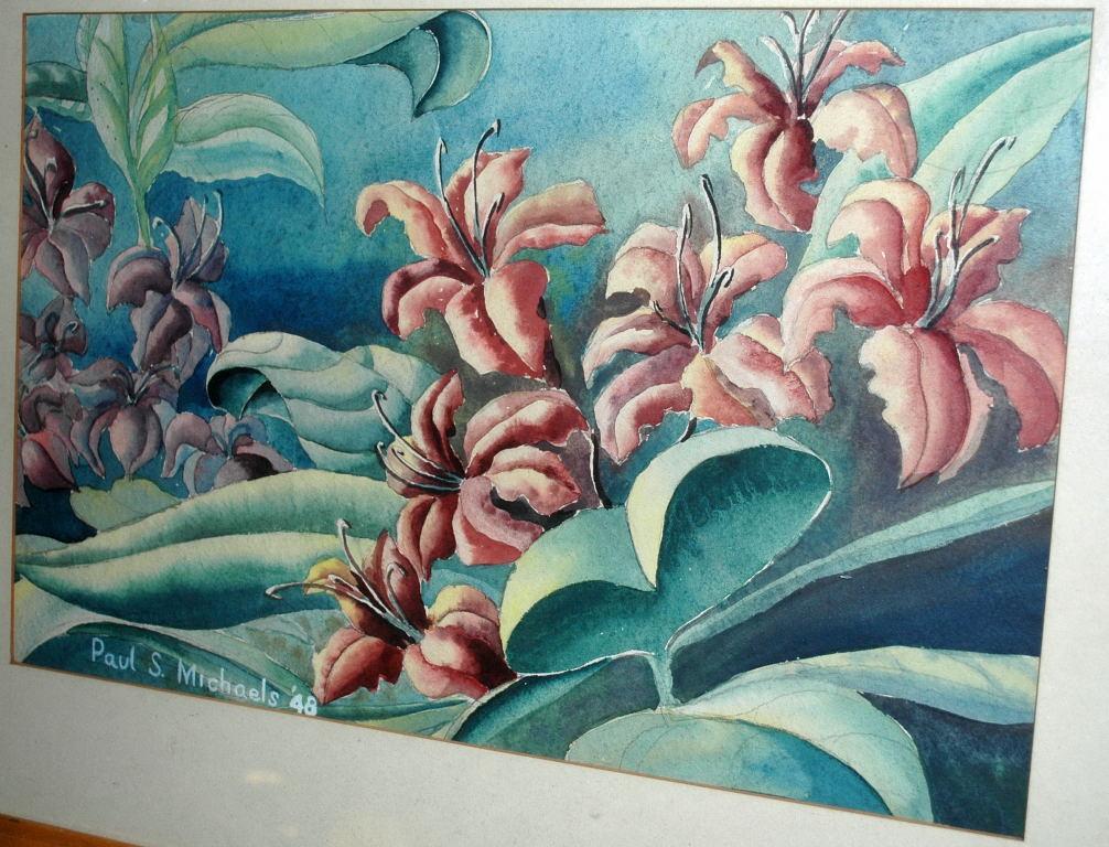 Lilies Watercolor Painting signed Paul S. Michaels '48 framed behind glass