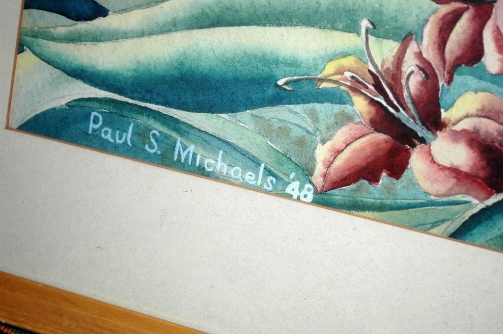 Lilies Watercolor Painting signed Paul S. Michaels '48 framed behind glass