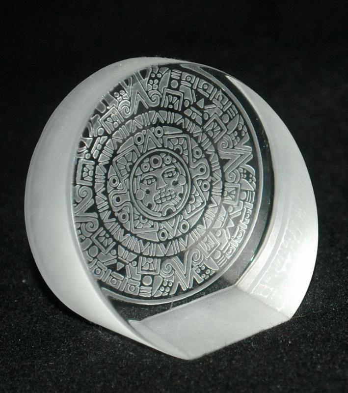 Mexican Aztec Calender Etched Glass Paperweight