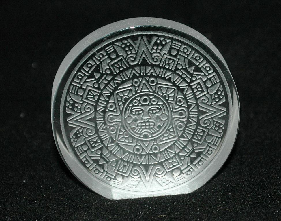 Mexican Aztec Calender Etched Glass Paperweight