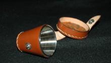 Leather Shot Glass Holder with 4 Stainless Steel Shot Glasses - Vintage!