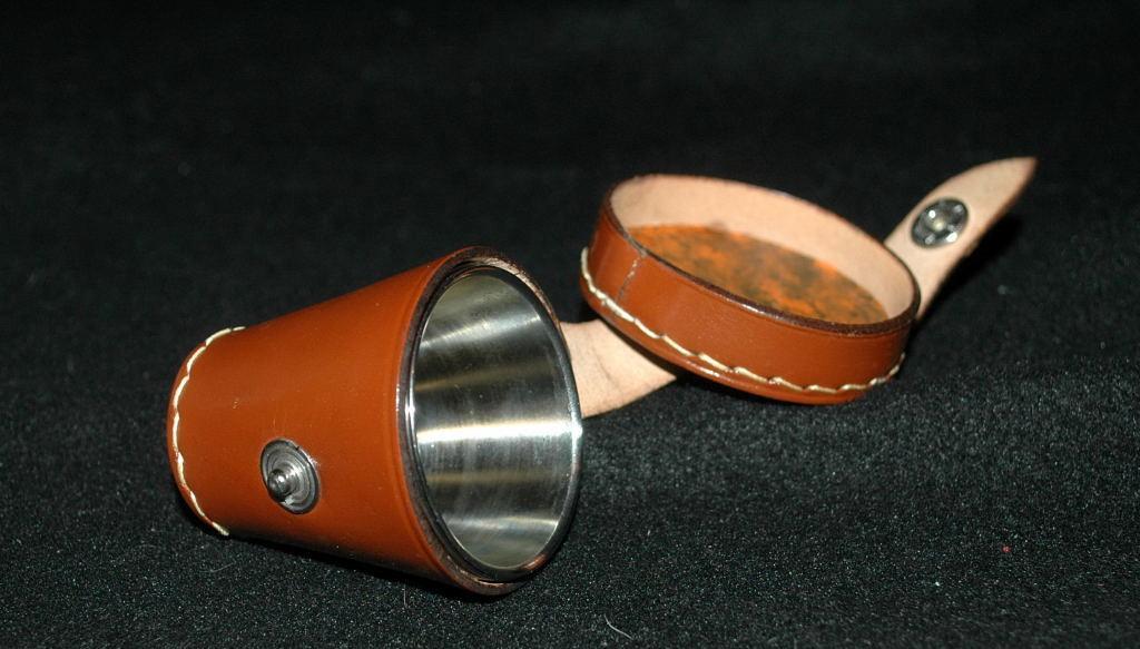 Leather Shot Glass Holder with 4 Stainless Steel Shot Glasses - Vintage!