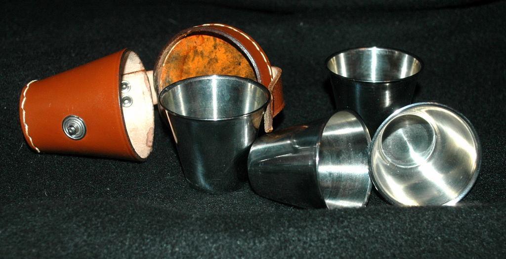 Leather Shot Glass Holder with 4 Stainless Steel Shot Glasses - Vintage!