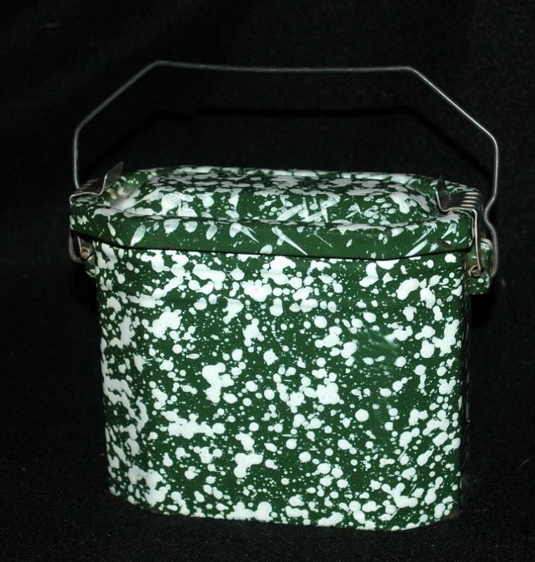 French Green & White Graniteware Enamel Lunchbox Pail
