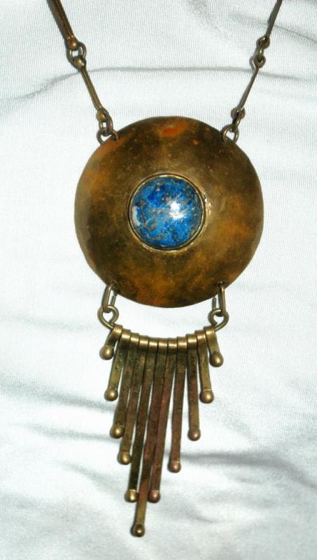 Lapis Lazuli , Tribal, Ethnic Hand Hammered Brass Necklace Vintage