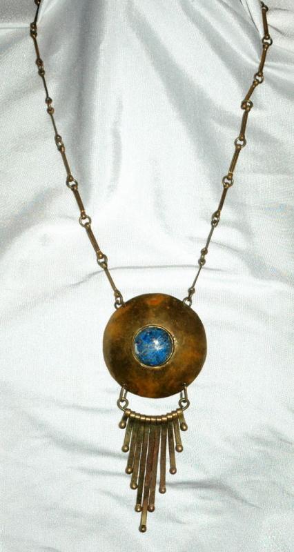 Lapis Lazuli , Tribal, Ethnic Hand Hammered Brass Necklace Vintage