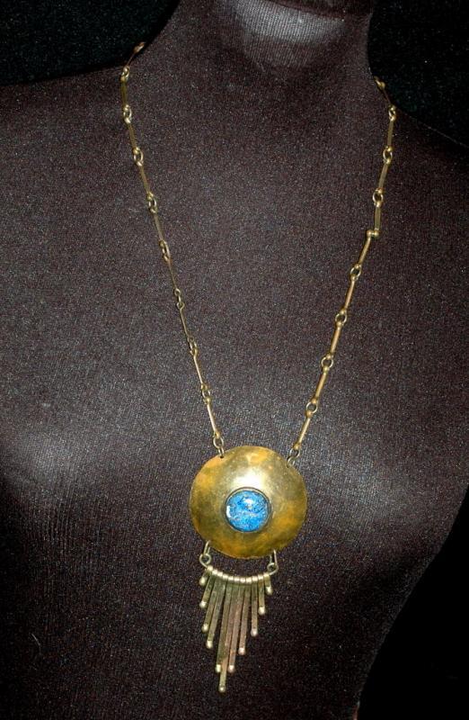 Lapis Lazuli , Tribal, Ethnic Hand Hammered Brass Necklace Vintage